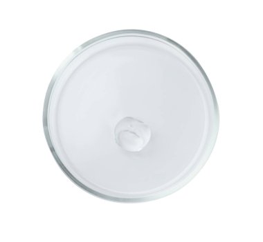 Beyaz üzerine izole edilmiş sıvı içeren petri kabı, üst görünüm