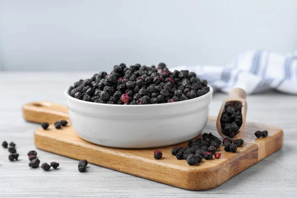 Bowl Scoop Dried Blueberries White Wooden Table — Stockfoto