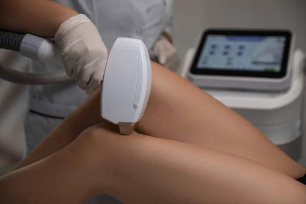 Woman Undergoing Laser Epilation Procedure Beauty Salon Closeup — Zdjęcie stockowe