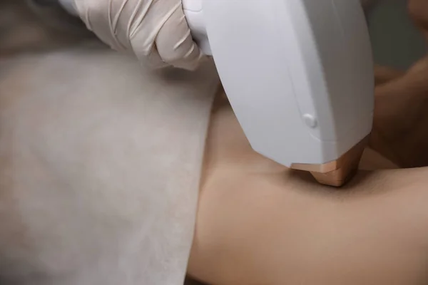 Woman Undergoing Laser Epilation Procedure Closeup View — Stok fotoğraf