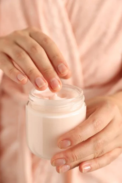 Woman Holding Jar Hand Cream Closeup — 스톡 사진