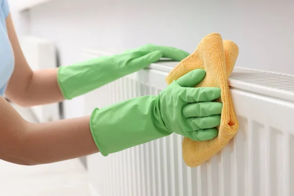 Woman Cleaning Radiator Rag Indoors Closeup — Stock Photo, Image