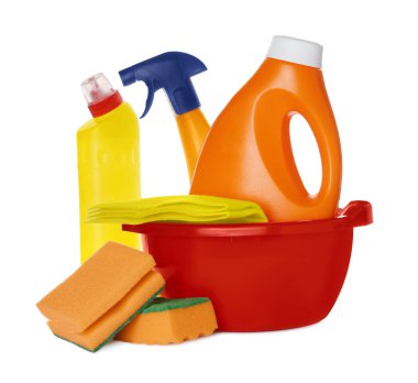 Different cleaning supplies and tools on white background