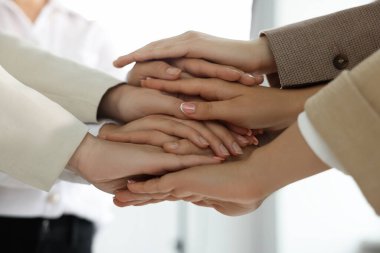 Group of people holding hands together indoors, closeup. Unity concept
