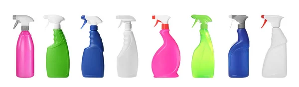 Set Bottles Different Cleaning Products White Background Banner Design Household — Stock Photo, Image