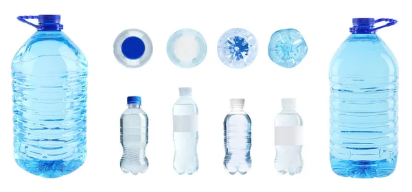 Állítsa Különböző Műanyag Palackok Tiszta Víz Fehér Alapon Bannertervezés — Stock Fotó