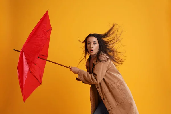 Emotional Woman Umbrella Caught Gust Wind Yellow Background — Stock Photo, Image