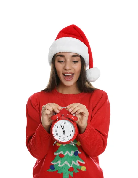 Frau Mit Weihnachtsmütze Mit Wecker Auf Weißem Hintergrund Countdown Zum — Stockfoto