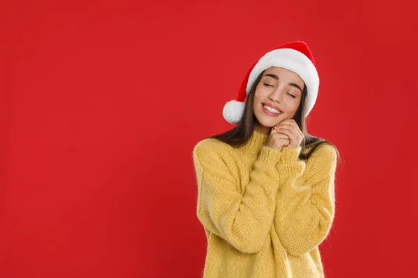 Happy Woman Santa Hat Red Background Space Text Christmas Countdown — ストック写真