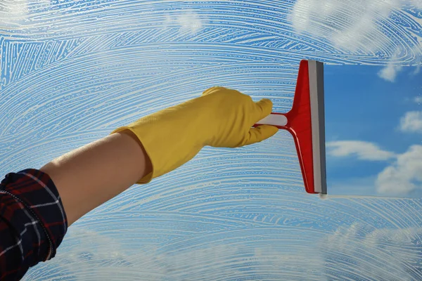 Woman Cleaning Glass Squeegee Indoors Closeup — Stock Fotó