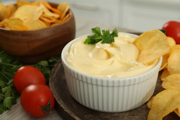 Potato Chips Mayonnaise Wooden Table Closeup — Stock Photo, Image