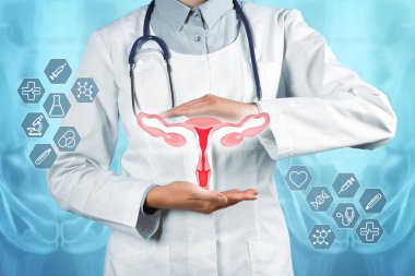 Doktor, açık mavi arkaplanda rahmin ve farklı simgelerin sanal görüntüsünü tutuyor.