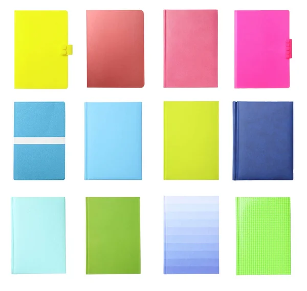 Conjunto Com Notebooks Coloridos Elegantes Fundo Branco Vista Superior — Fotografia de Stock