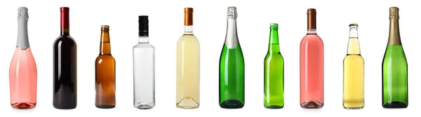 Set Lahvemi Různých Alkoholických Nápojů Bílém Pozadí Návrh Nápisu — Stock fotografie