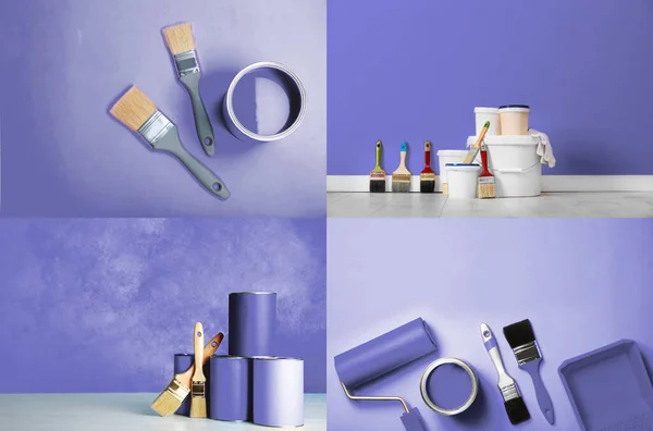Collage Met Verschillende Foto Van Violette Verf Decoratiemateriaal — Stockfoto
