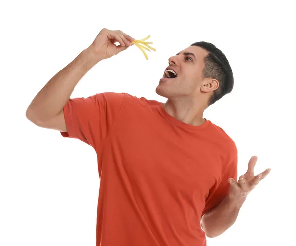 Homem Comendo Batatas Fritas Fundo Branco — Fotografia de Stock