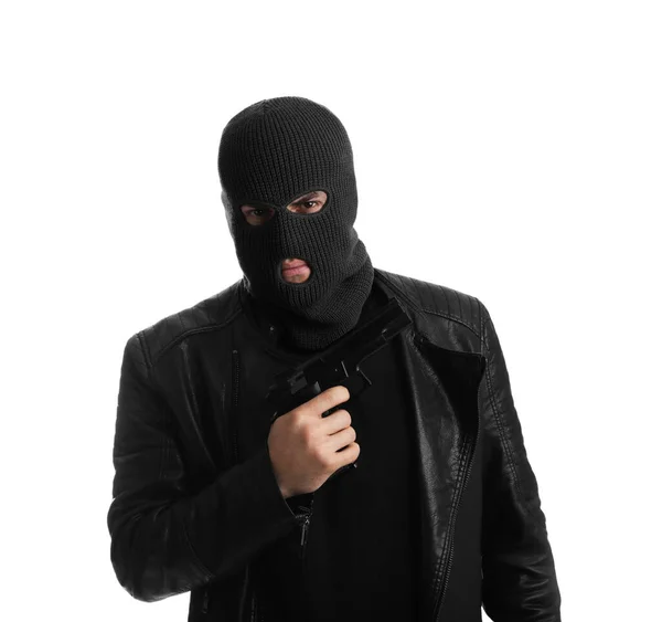 Man Bär Stickad Balaclava Med Pistol Vit Bakgrund — Stockfoto