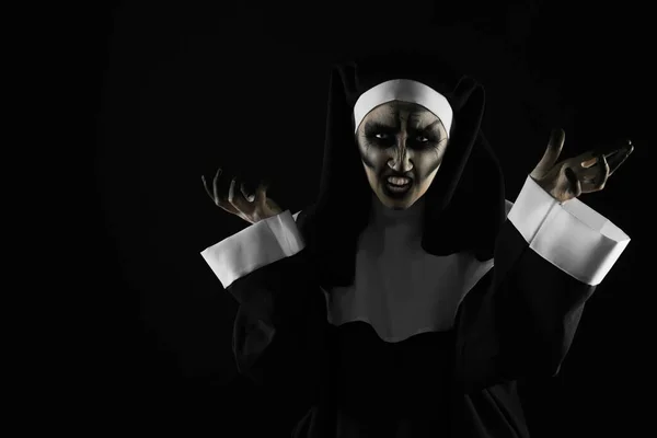 Portrait Religieuse Diabolique Effrayante Sur Fond Noir Espace Pour Texte — Photo