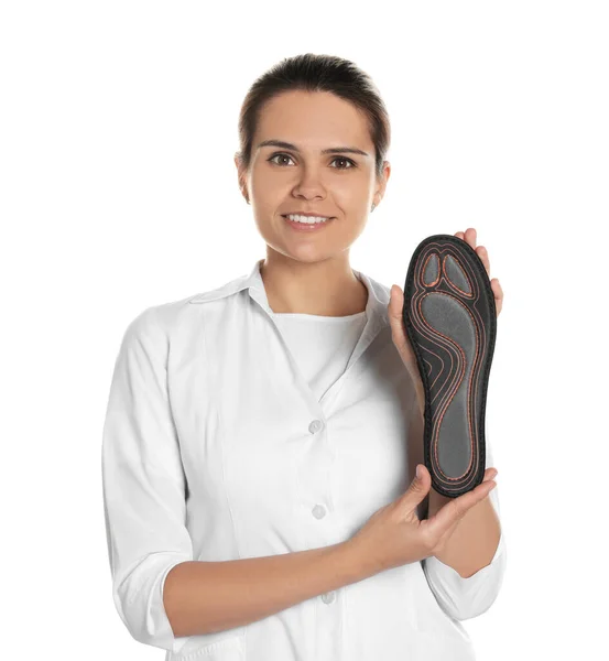 Beautiful Female Orthopedist Showing Insole White Background — 스톡 사진