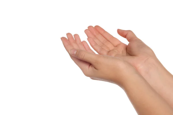 Mulher Segurando Mãos Contra Fundo Branco Close — Fotografia de Stock