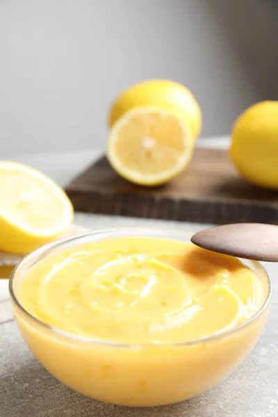 Delicious Lemon Curd Bowl Grey Table Space Text — Stock Photo, Image