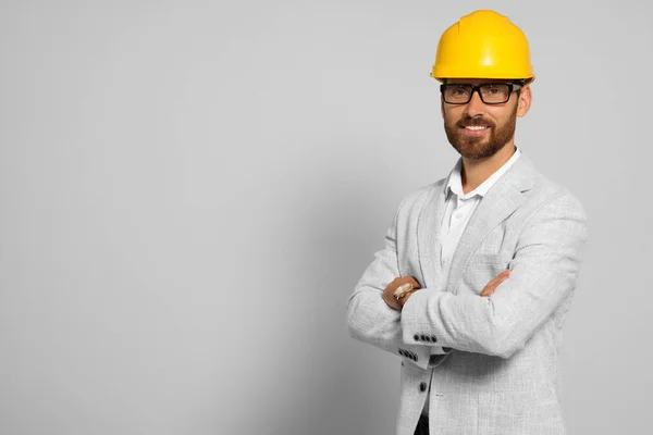 Professionele Ingenieur Harde Hoed Witte Achtergrond Ruimte Voor Tekst — Stockfoto