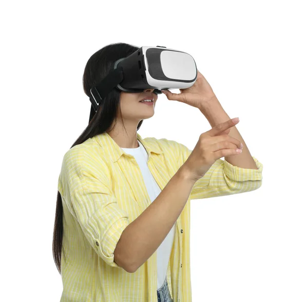 Жінка Використовує Гарнітуру Віртуальної Реальності Білому Тлі — стокове фото