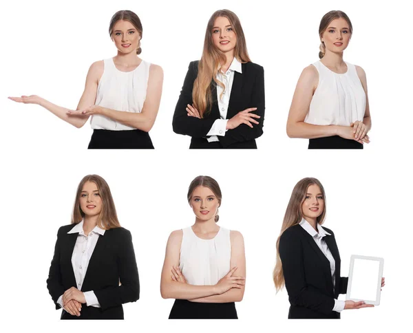 Collage Mit Fotos Der Hostess Uniform Auf Weißem Hintergrund — Stockfoto