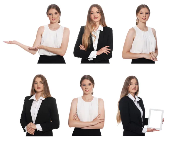 Collage Photos Hostess Uniform White Background — Stock Photo, Image