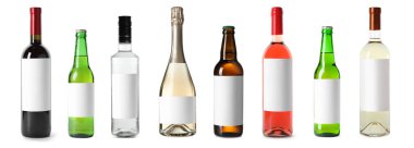 Beyaz arka planda farklı alkollü içeceklerle dolu. Pankart tasarımı