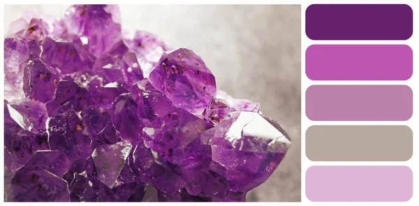 Color palette appropriate to photo of beautiful purple amethyst gemstone on table, closeup