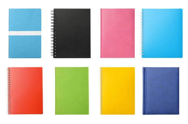 Conjunto Com Notebooks Coloridos Elegantes Fundo Branco Vista Superior — Fotografia de Stock