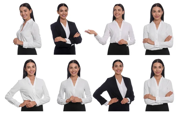 Collage Mit Fotos Der Hostess Uniform Auf Weißem Hintergrund — Stockfoto