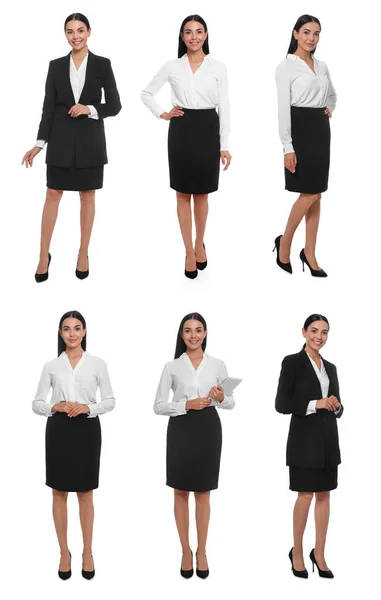 Collage Met Foto Van Gastvrouw Uniform Witte Achtergrond — Stockfoto