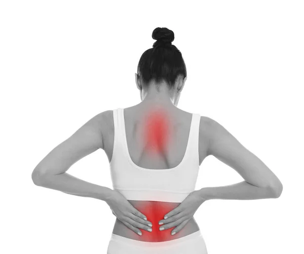 Woman Suffering Back Pain Back White Background — Stock Photo, Image