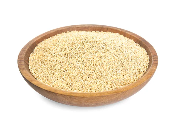 Houten Plaat Met Rauwe Quinoa Geïsoleerd Wit — Stockfoto