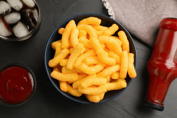 Bowl Crunchy Cheesy Corn Snack Ketchup Refreshing Drink Black Table — Stock Photo, Image