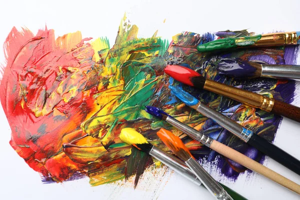 Set Brushes Different Paints Artwork Flat Lay — Foto de Stock