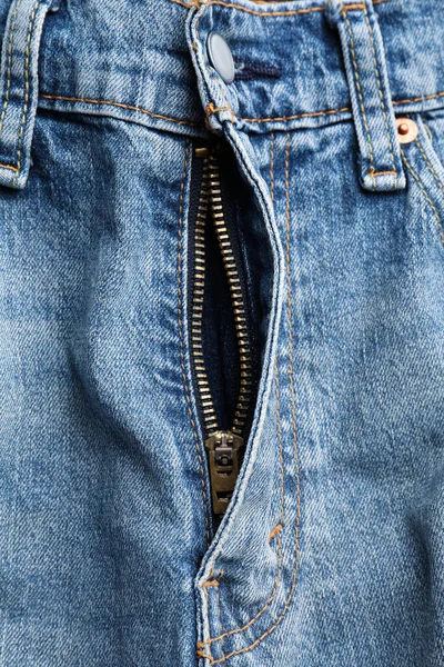 Blaue Jeans Mit Aufgeknöpfter Fliege Als Hintergrund Draufsicht Exhibitionistisches Konzept — Stockfoto