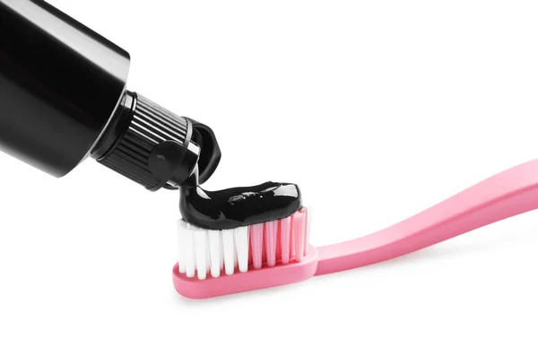 Tube Charcoal Toothpaste Brush White Background — Stock Photo, Image