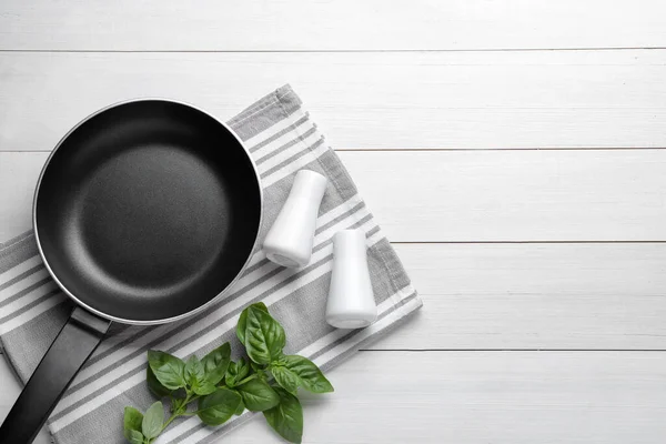 Flat Lay Composition Frying Pan Fresh Products White Wooden Table — Foto de Stock