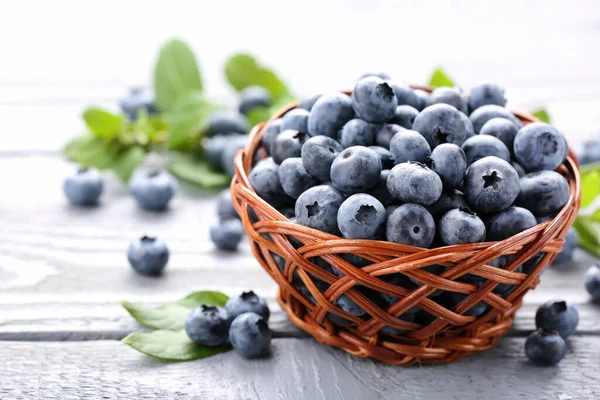 Tasty Fresh Blueberries Wooden Table Closeup Space Text — Stockfoto