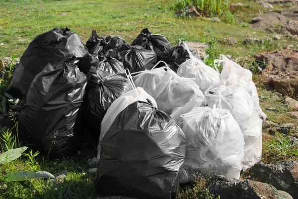 Many trash bags full of garbage outdoors. Environmental Pollution concept