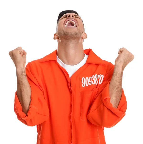 Emotionele Gevangene Oranje Jumpsuit Witte Achtergrond — Stockfoto