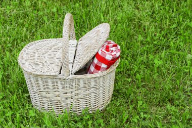 Rolled checkered tablecloth in picnic basket on green grass outdoors, space for text