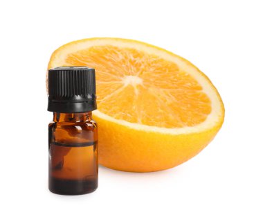 Bottle of citrus essential oil and fresh orange on white background