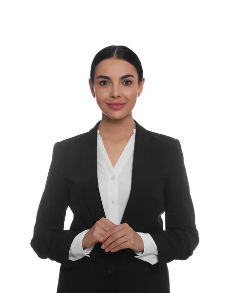 Portrait Hostess Uniform White Background — Fotografia de Stock