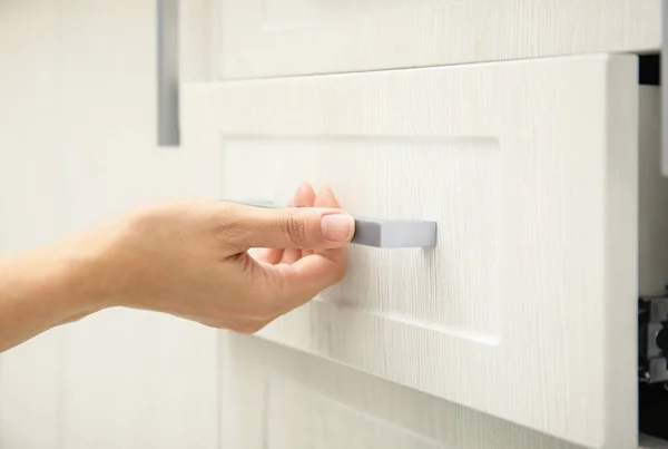 Woman Opening Drawer Home Closeup View — Φωτογραφία Αρχείου