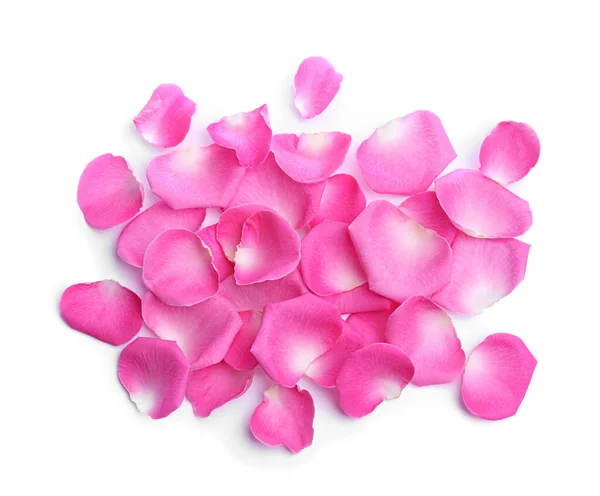 Many Pink Rose Petals White Background Top View —  Fotos de Stock