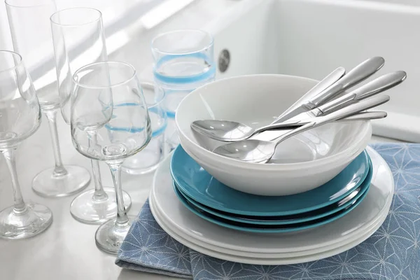 Different Clean Dishware Cutlery Glasses Countertop Closeup — Foto de Stock